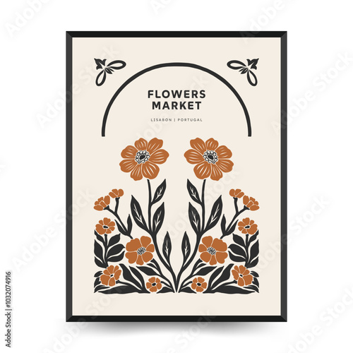 Abstract linocut floral posters template. Modern trendy minimal style. Black and white colors. Botanical blockprint. Hand drawn design for wallpaper, wall decor, print, postcard, cover, template.