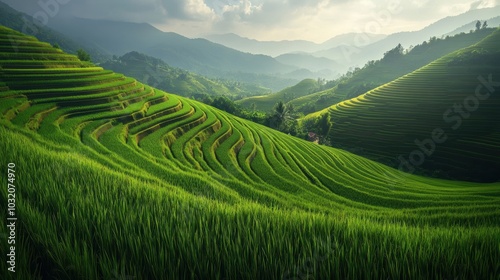 A Thai rice field in the countryside, with intricate rows of green rice plants stretching into the distance.