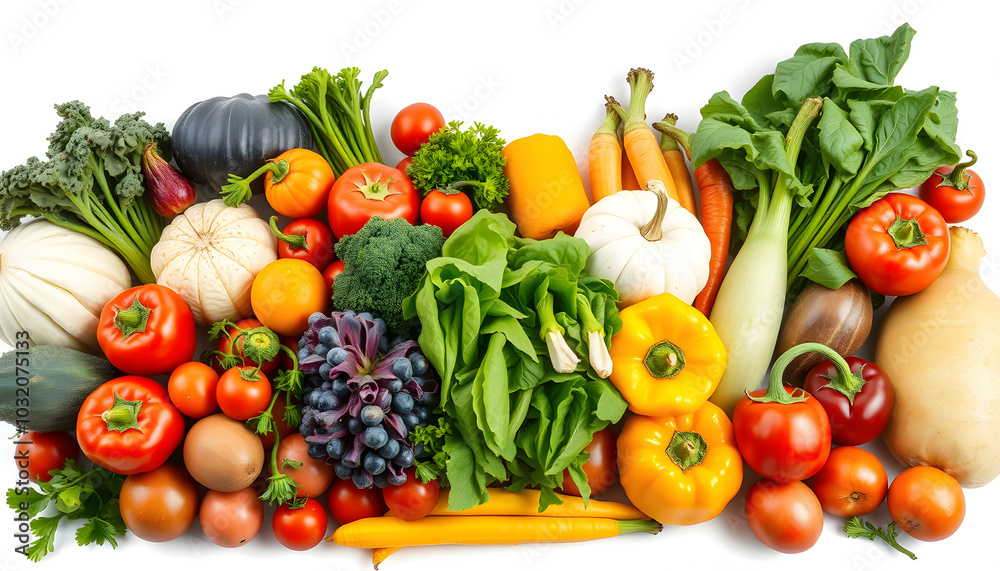 Composition with assorted raw organic fresh vegetables wide banner. Assortment of fruits and vegetable. Healthy raw detox food diet panorama concept isolated with white highlights, png Composition with assorted raw organic fresh vegetables wide banner. Assortment of fruits and vegetable. Healthy raw detox food diet panorama concept isolated with white highlights, png