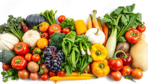 Composition with assorted raw organic fresh vegetables wide banner. Assortment of fruits and vegetable. Healthy raw detox food diet panorama concept isolated with white highlights, png