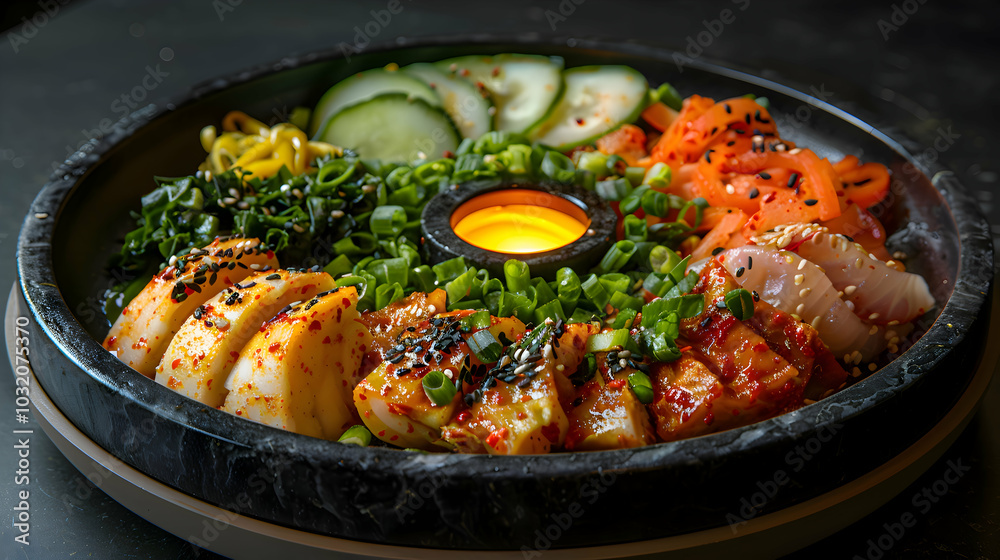 Fototapeta premium A platter of assorted kimchi with different levels of spiciness