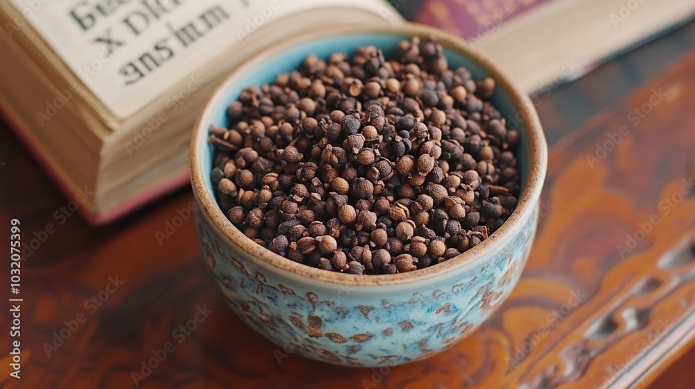 a small bowl filled with cloves, arranged aesthetically a small bowl filled with cloves, arranged aesthetically