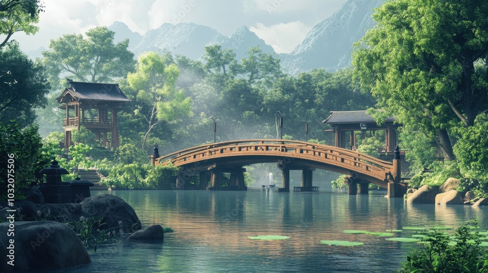 A traditional Japanese bridge crossing a serene river surrounded by lush greenery and detailed wooden structures. A traditional Japanese bridge crossing a serene river surrounded by lush greenery and detailed wooden structures.