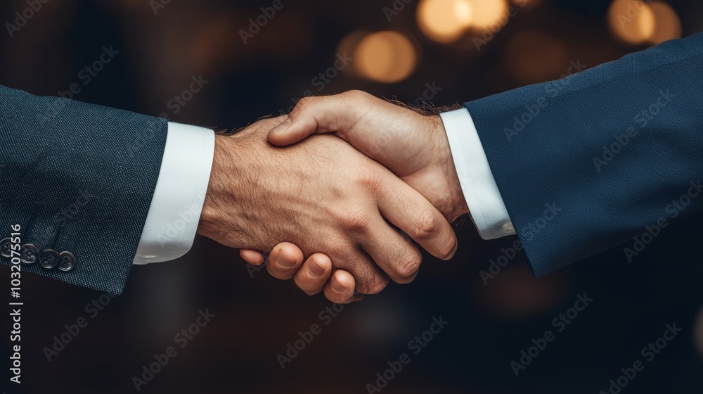 Two Businessmen Shaking Hands, Agreement on a Blurred Background, Deal, Merger, or Partnership Two Businessmen Shaking Hands, Agreement on a Blurred Background, Deal, Merger, or Partnership