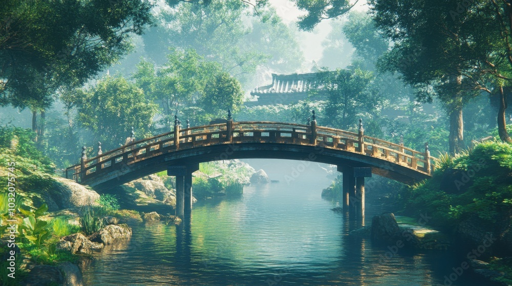 A traditional Japanese bridge crossing a serene river surrounded by lush greenery and detailed wooden structures. A traditional Japanese bridge crossing a serene river surrounded by lush greenery and detailed wooden structures.