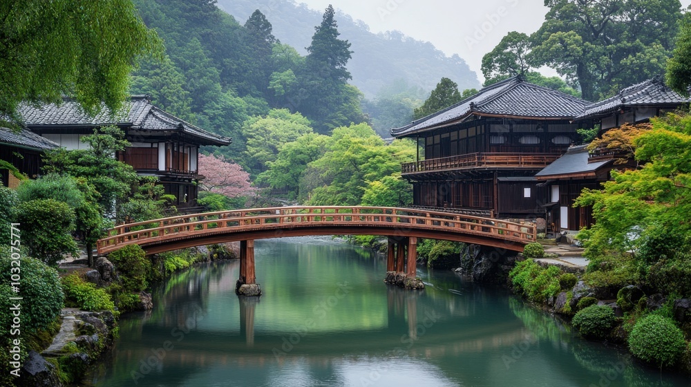 A traditional Japanese bridge crossing a serene river surrounded by lush greenery and detailed wooden structures.