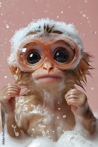 Funny monkey sitting in a bubble bath, wearing bath goggles. photo