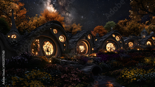 Serene Nighttime in a Whimsical Hobbit Shire Village with Beautifully Carved Woodwork and Starry Skies photo