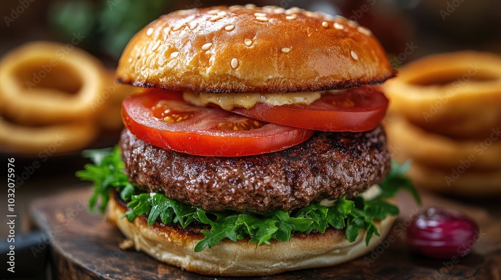 Close-up shot of a juicy burger. Perfect for advertising a burger joint or showcasing a delicious meal.
