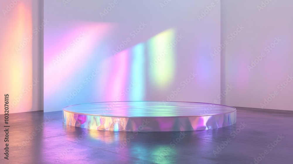 A circular, reflective platform sits in a white room. The platform is reflecting the colorful light from the window, creating a vibrant rainbow effect. A circular, reflective platform sits in a white room. The platform is reflecting the colorful light from the window, creating a vibrant rainbow effect.