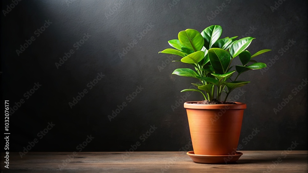 A terracotta pot with a vibrant green plant, illuminated by a single beam of light, rests on a rustic wooden surface against a backdrop of deep charcoal. A terracotta pot with a vibrant green plant, illuminated by a single beam of light, rests on a rustic wooden surface against a backdrop of deep charcoal.