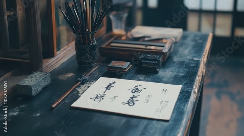 A traditional Japanese calligraphy set with detailed brushes, inkstones, and paper in a peaceful workspace. photo