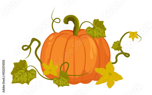 Vegetable pumpkin with leaves and yellow flowers. Vector. Autumn composition for Halloween or Thanksgiving. Flat design. Orange silhouette of pumpkin on white background.