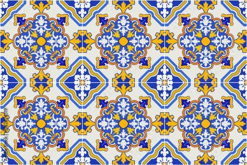 Coloured ceramic tiles. Portuguese hydraulic ceramics. Floral decorative ornament. Portugal, Europe. Digital design. EPS Illustration. 