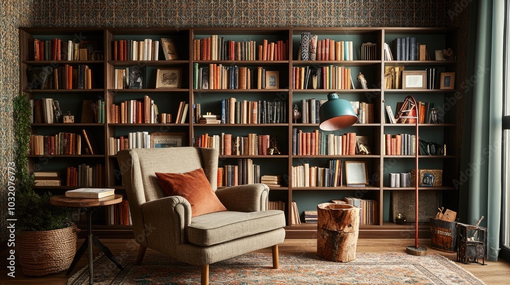 A cozy reading nook featuring a mix of eclectic bookshelves A cozy reading nook featuring a mix of eclectic bookshelves