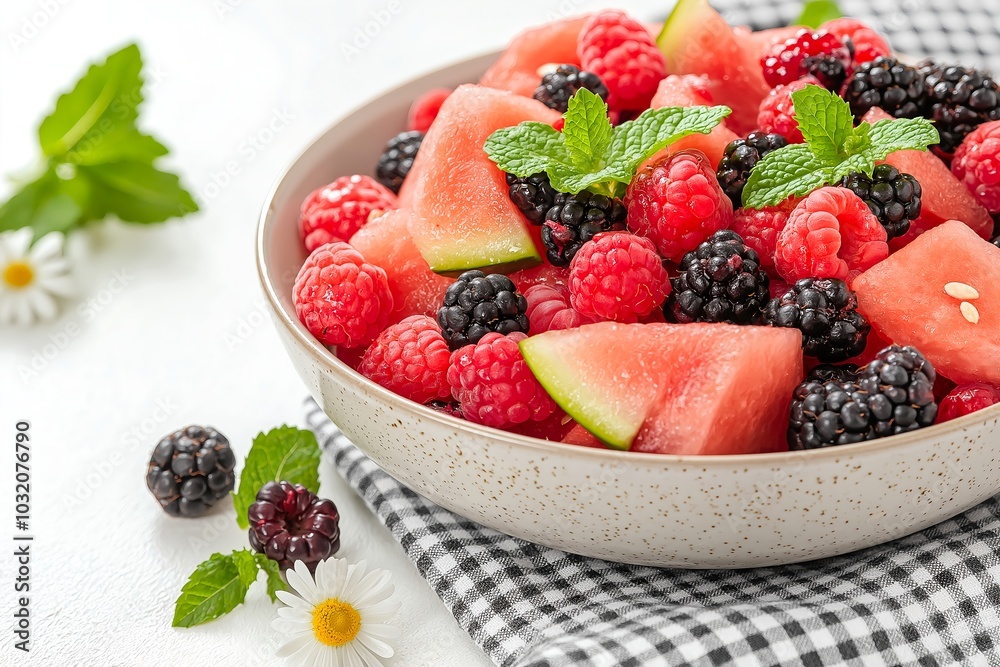 A Refreshing Summer Fruit Salad With Watermelon, Berries, and Mint, Served in an Outdoor Picnic Setting, Fruit Photography, Fruit Menu Style Photo Image