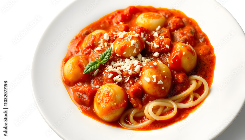 gnocchi in tomato sauce with cheese isolated with white highlights, png gnocchi in tomato sauce with cheese isolated with white highlights, png