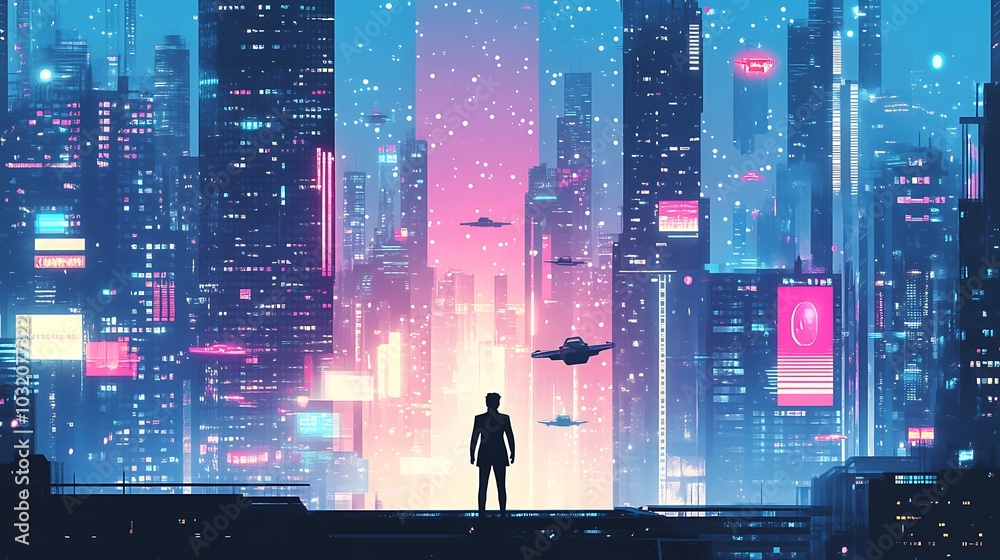 A lone figure stands on a rooftop overlooking a futuristic cityscape with glowing neon lights and flying vehicles. A lone figure stands on a rooftop overlooking a futuristic cityscape with glowing neon lights and flying vehicles.