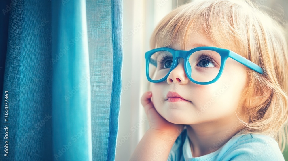 Young child wearing blue glasses focusing on distant tree outside window, symbolizing myopia prevention and importance of outdoor activities.