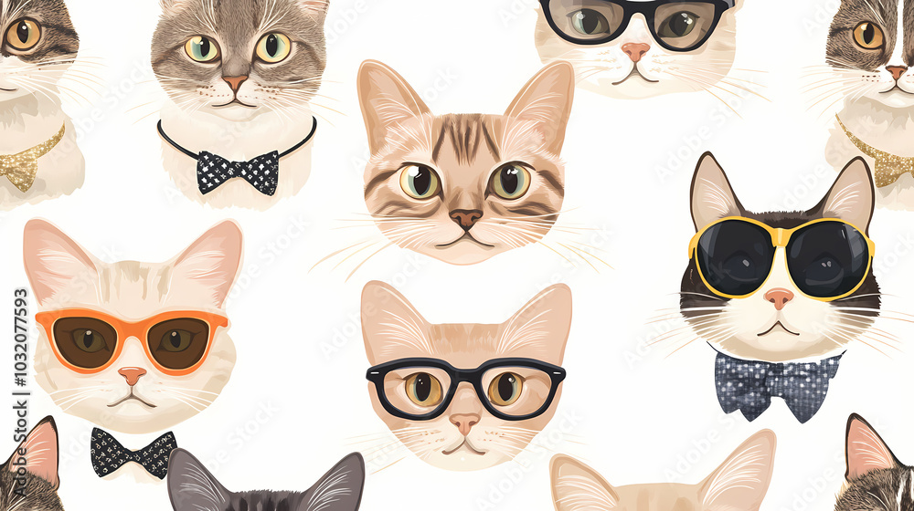 Seamless pattern with cute fashionable cats. Vector graphics. Seamless pattern with cute fashionable cats. Vector graphics.