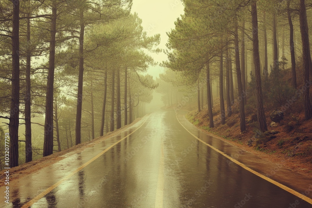 A winding road through a foggy forest. Perfect for illustrating themes of mystery, adventure, or solitude. A winding road through a foggy forest. Perfect for illustrating themes of mystery, adventure, or solitude.