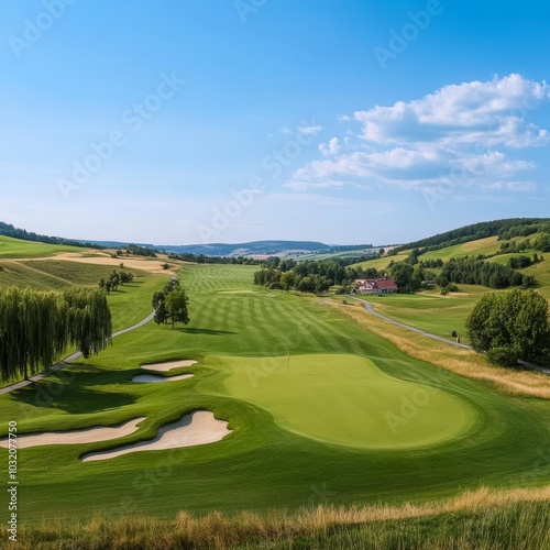 Scenic View of Golf Course with Lush Green Fairways, Sand Traps, and Rolling Hills on a Sunny Day