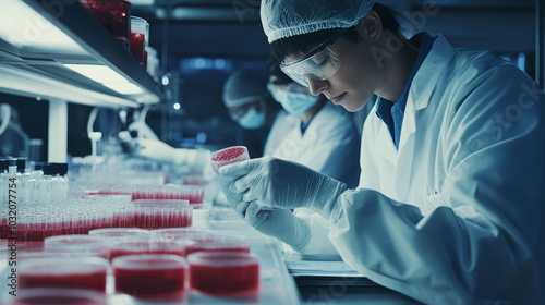 Scientists in a lab developing alternative protein sources, such as plant-based meats and cultured meats, surrounded by petri dishes and cutting-edge equipment