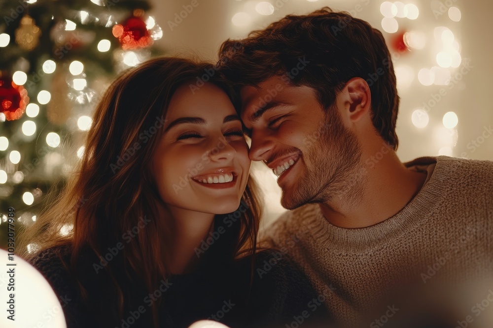 Smiling caucasian spouses have video call, enjoy holiday in living room interior with Christmas tree and garlands. Celebration of New Year remote, Generative AI Smiling caucasian spouses have video call, enjoy holiday in living room interior with Christmas tree and garlands. Celebration of New Year remote, Generative AI