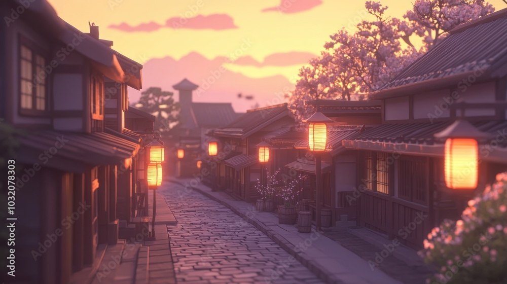 A traditional Japanese street during sunset, with detailed wooden houses, lanterns glowing softly, and a quiet atmosphere. A traditional Japanese street during sunset, with detailed wooden houses, lanterns glowing softly, and a quiet atmosphere.