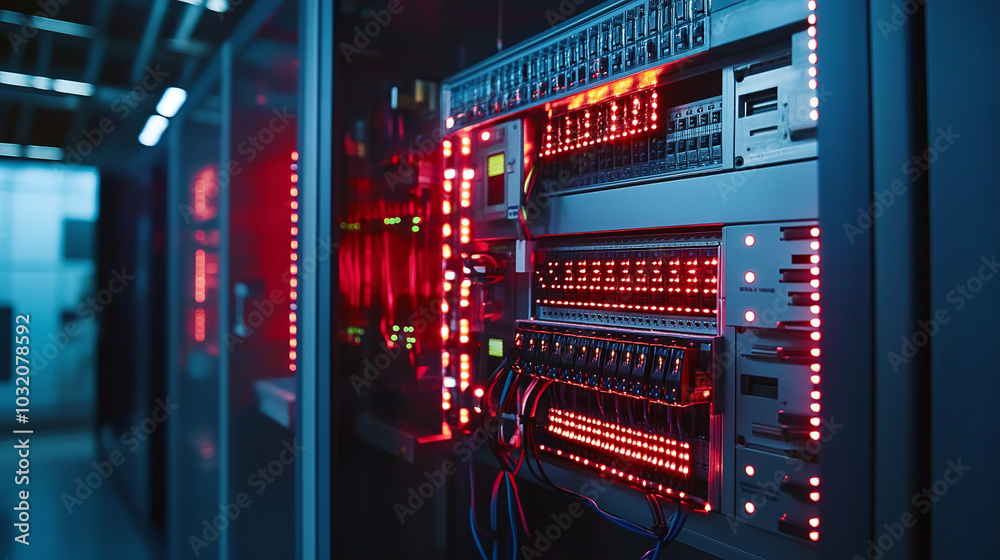 Brightly lit control panel with interconnected wires and high-tech panels for seamless electrical distribution and network connectivity. Brightly lit control panel with interconnected wires and high-tech panels for seamless electrical distribution and network connectivity.