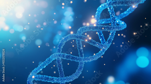 Close-up of Blue DNA Double Helix with Light Bokeh Effects on a Glowing Background A visually captivating close-up of a DNA double helix in shimmering blue tones, set against a bac