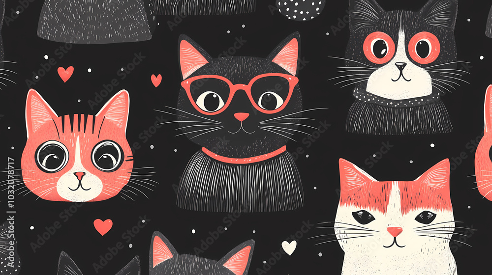 Seamless pattern with cute fashionable cats. Vector graphics. Seamless pattern with cute fashionable cats. Vector graphics.