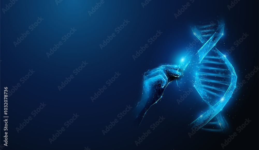 Abstract illustration of low poly hand operating with human dna helix. Blue geometric background depicting human genome health care medical concept by wireframe connection structure Abstract illustration of low poly hand operating with human dna helix. Blue geometric background depicting human genome health care medical concept by wireframe connection structure