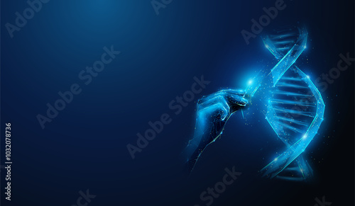 Abstract illustration of low poly hand operating with human dna helix. Blue geometric background depicting human genome health care medical concept by wireframe connection structure