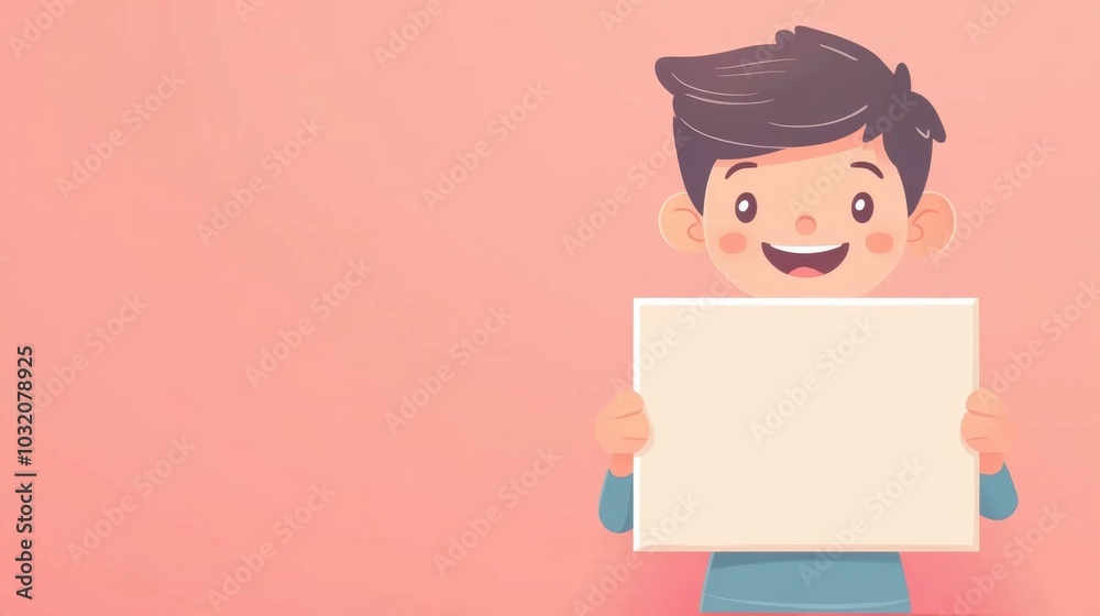 Cartoon character with a big smile presents a blank sign on a fun, colorful backdrop, ideal for creative advertising. Cartoon character with a big smile presents a blank sign on a fun, colorful backdrop, ideal for creative advertising.