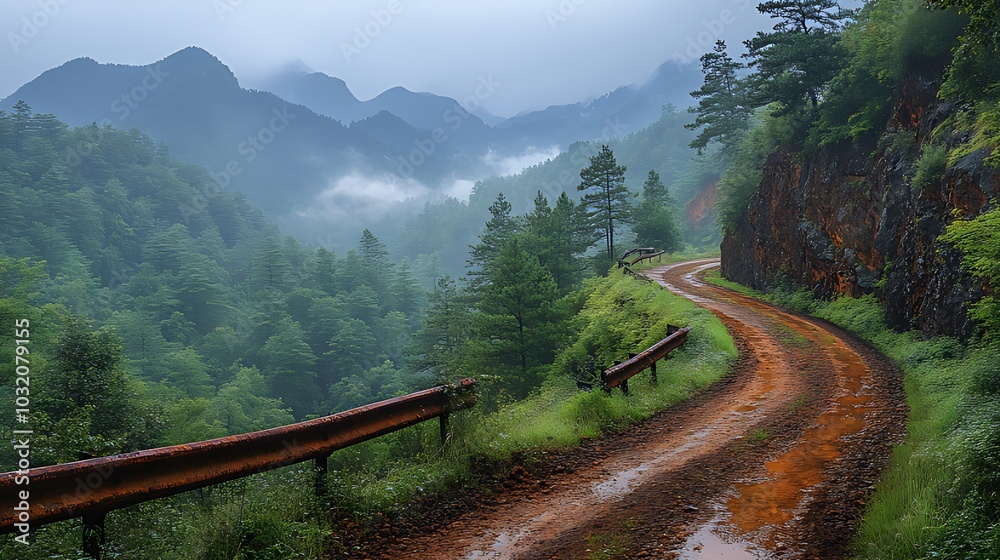 Fototapeta premium A winding dirt road leads through a lush, misty mountain valley.