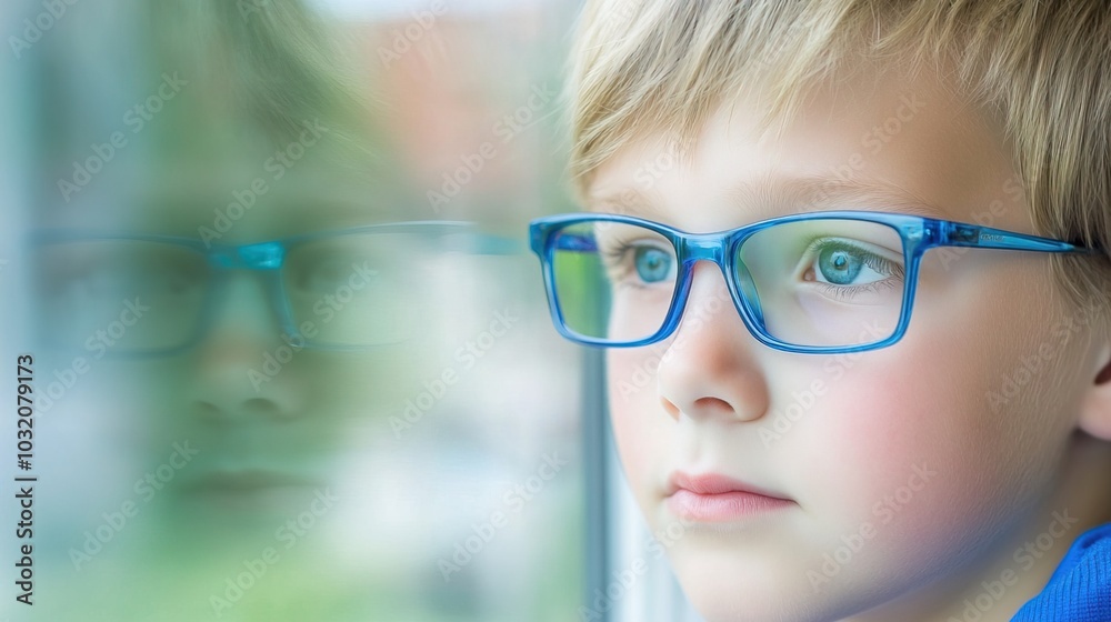 Young child wearing blue glasses focusing on distant tree outside window, symbolizing myopia prevention and importance of outdoor activities.
