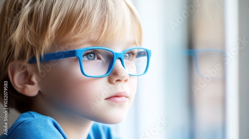 Young child wearing blue glasses focusing on distant tree outside window, symbolizing myopia prevention and importance of outdoor activities.