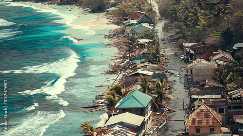 Aerial view of coastal town after hurricane, with uprooted trees, collapsed buildings, and debris scattered across streets, capturing the aftermath of natural disaster.