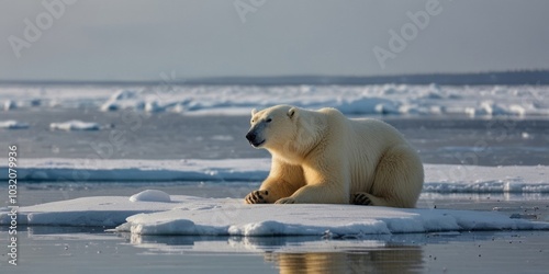 Polar bear resting on drifting ice with snow, in its natural habitat. AI generated.