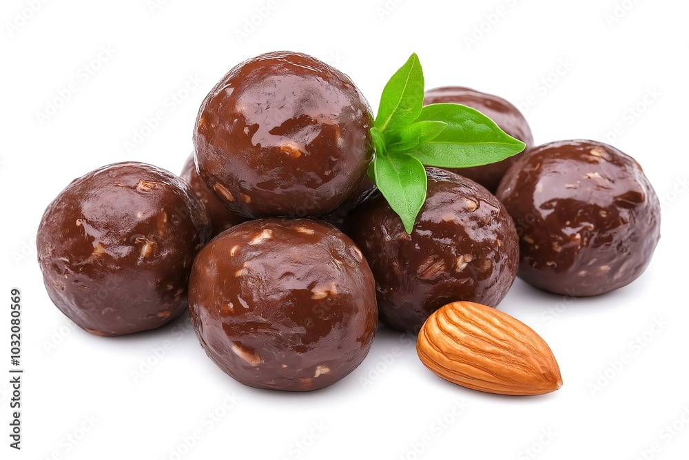 Vegan Energy Bites Made From Dates, Almonds, and Cacao, Arranged on a Clean White Background, Food Photography, Food Menu Style Photo Image Vegan Energy Bites Made From Dates, Almonds, and Cacao, Arranged on a Clean White Background, Food Photography, Food Menu Style Photo Image