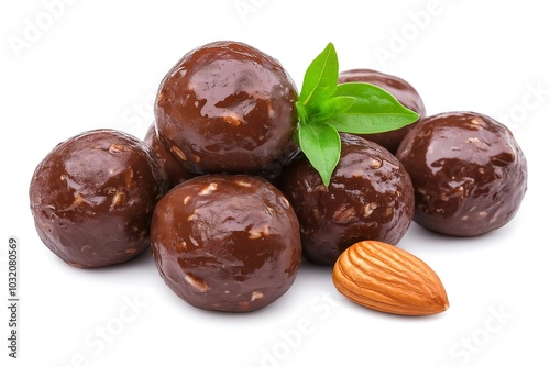 Vegan Energy Bites Made From Dates, Almonds, and Cacao, Arranged on a Clean White Background, Food Photography, Food Menu Style Photo Image