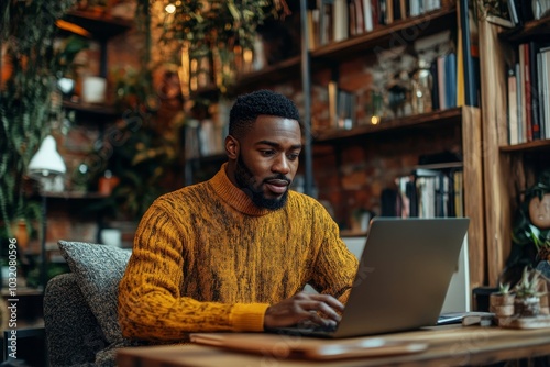 Young black freelancer guy working on laptop while sitting at table in living room at home office, free copy space, Generative AI