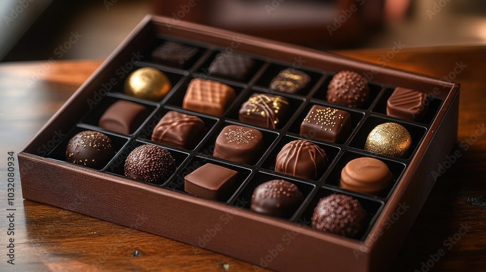 An assortment of assorted gourmet chocolates in a box, perfect for a special occasion or gift. An assortment of assorted gourmet chocolates in a box, perfect for a special occasion or gift.