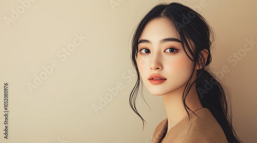 A young woman with long dark hair looks at the camera.