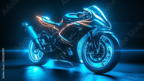 A sleek black motorcycle is illuminated by blue and red lights, creating a dramatic and futuristic aesthetic.