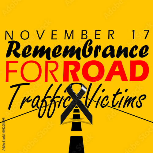 World Day of Remembrance for Road Traffic Victims to commemorate on November 17th. Black campaign ribbon in the middle of the road to campaign against traffic accidents