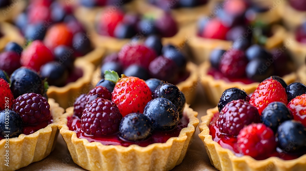 A close-up of dessert tarts filled with berries and a glossy fruit glaze. A close-up of dessert tarts filled with berries and a glossy fruit glaze.
