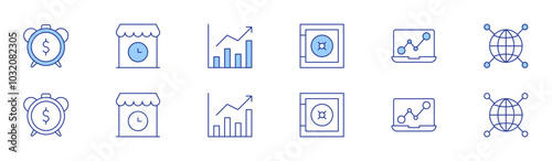 Business icon set in two styles, Duotone and Thin Line style. Editable stroke. analysis, shop, international, revenue, strongbox, time is money