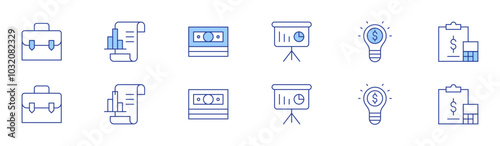 Business icon set in two styles, Duotone and Thin Line style. Editable stroke. analytics, business idea, money, finance, briefcase, business presentation